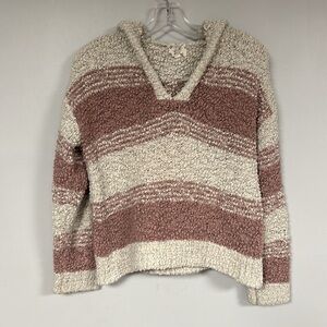 Hippie Rose • Dusty Rose / Oatmeal Sherpa V-neck Pullover Hooded Sweater, S